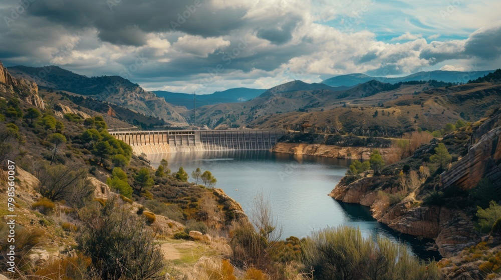 A panoramic view of a dam nestled in a valley, its imposing concrete walls contrasting with the natural beauty of the surrounding terrain. A panoramic view of a dam nestled in a valley, its imposing concrete walls contrasting with the natural beauty of the surrounding terrain.