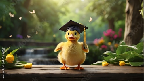 cap and diploma with graduation, A graduate duckling stands proudly, ready for new beginnings, against a backdrop of lush greenery. The duckling's cap and gown are adorned with academic regalia, symbo