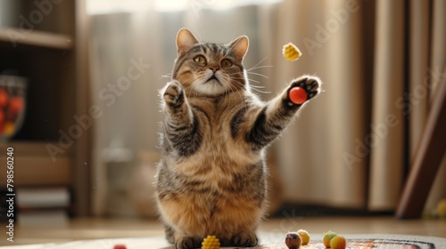 A plump cat batting at a toy filled with treats, its playful antics fueled by its desire for more food and entertainment.