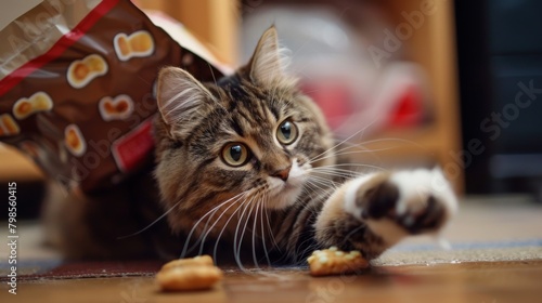A plump cat pawing at a bag of treats  its persistence and determination evident as it tries to open the bag and access its favorite snacks.