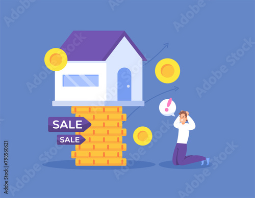 very expensive house prices. House prices are increasing every year. a man was shocked and panicked because property prices continued to rise. illustration concept design. graphic elements