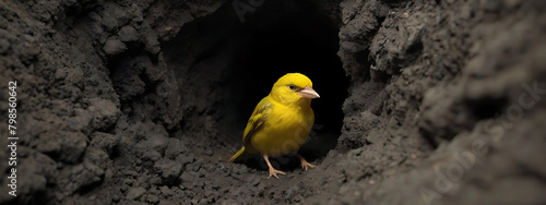 A small Canary bird wearing small miner's hard yellow hat in mine shaft, canary in the coal mine, idiom concept, coal