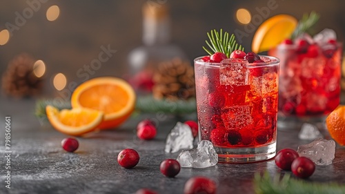 Oranges and cranberries in a red Christmas cocktail. photo