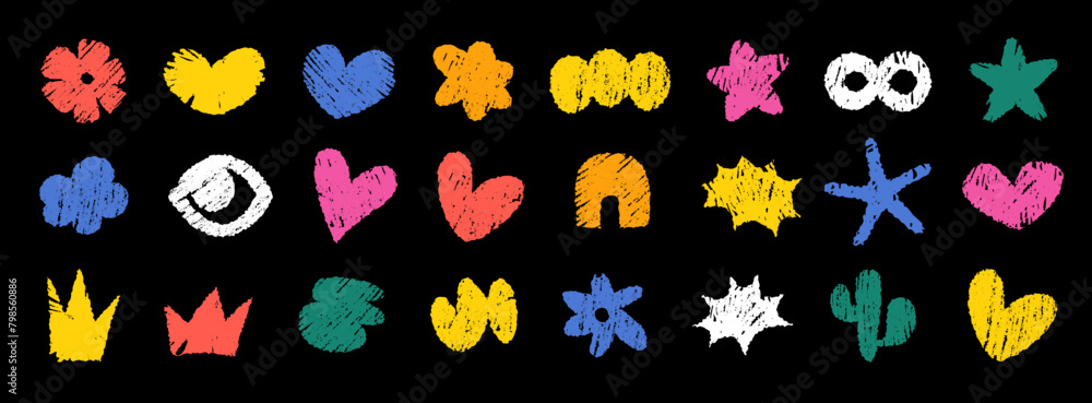Cute vector abstract doodle shapes. Set of various modern kids hand-drawn hearts, clouds, flowers, crowns and speech bubbles, eye, infiniti signs, cactus, rainbow stickers Cute vector abstract doodle shapes. Set of various modern kids hand-drawn hearts, clouds, flowers, crowns and speech bubbles, eye, infiniti signs, cactus, rainbow stickers