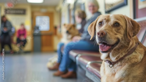 A calm golden dog waits patiently on a bench in a veterinary clinic's waiting room, surrounded by other pet owners.