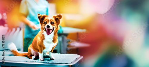 Dog in veterinarian office sits on examination table, banner with copy space photo