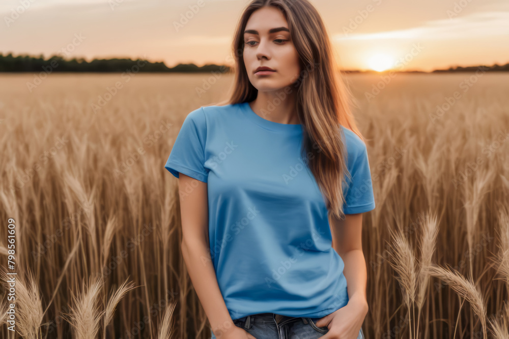 woman standing in field wearing blue sky t-shirt, t-shirt mock-up, woman standing in field wearing blue sky t-shirt, t-shirt mock-up,