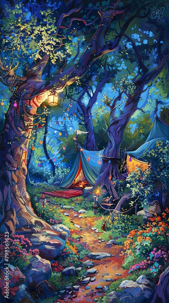 Fototapeta premium Illustrate a whimsical scene of comedy amid the magical setting of a wilderness camping adventure Experiment with vibrant hues in a traditional art medium to bring the laughter and outdoor beauty to l
