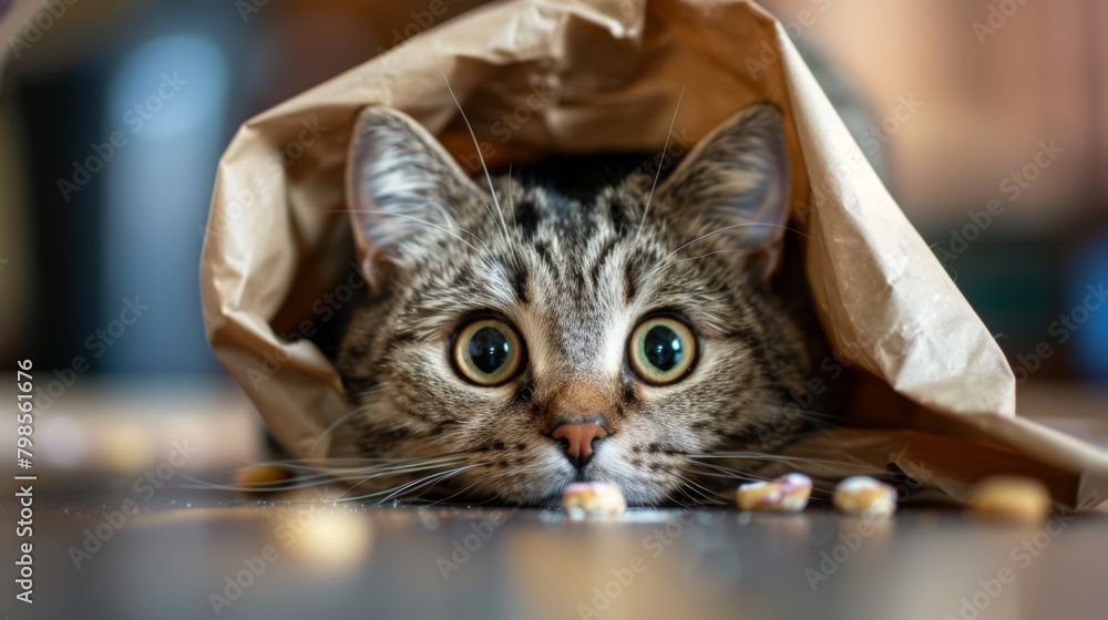 A round-bellied cat peeking out from behind a half-eaten bag of treats, its guilty expression revealing its secret snacking habits. A round-bellied cat peeking out from behind a half-eaten bag of treats, its guilty expression revealing its secret snacking habits.