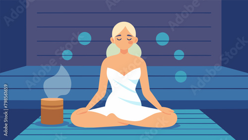 With a towel wrapped around her a woman sits in a sauna her eyes closed as she listens to a guided relaxation audio that helps her clear her mind and.
