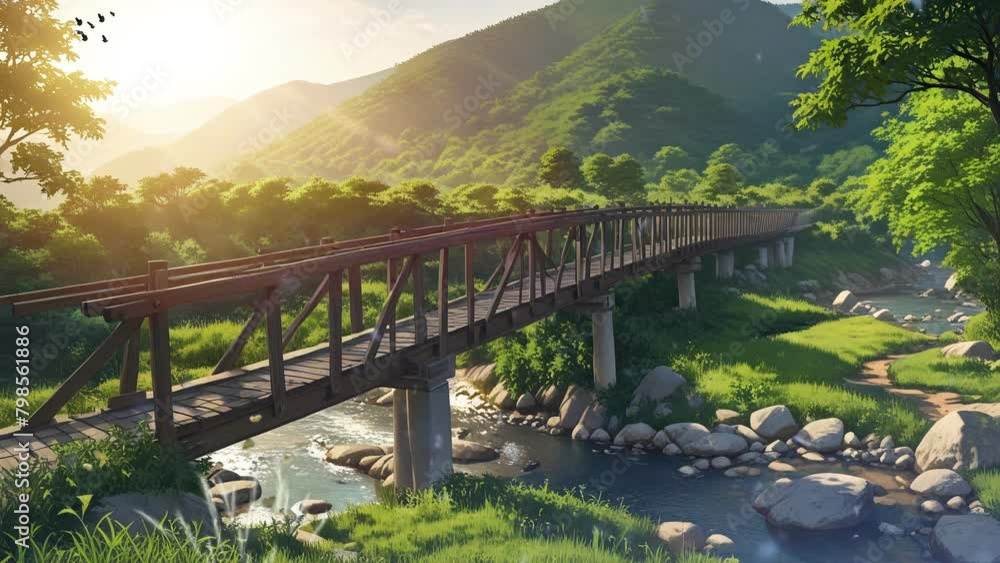 Enchanting 4K looping video presenting the tranquil beauty of a bridge over a river in the morning. Enchanting 4K looping video presenting the tranquil beauty of a bridge over a river in the morning.