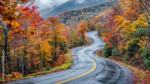 A winding mountain road flanked by colorful autumn foliage, the vibrant leaves creating a picturesque backdrop for travelers.