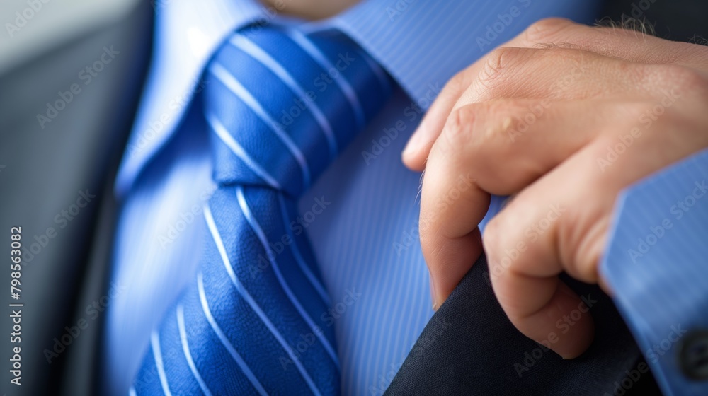 Close up of a businessman wearing a suit with a blue tie.