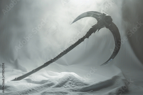 A single battle scythe, its blade gleaming with deadly intent against the purity of white, poised for the impending action. photo