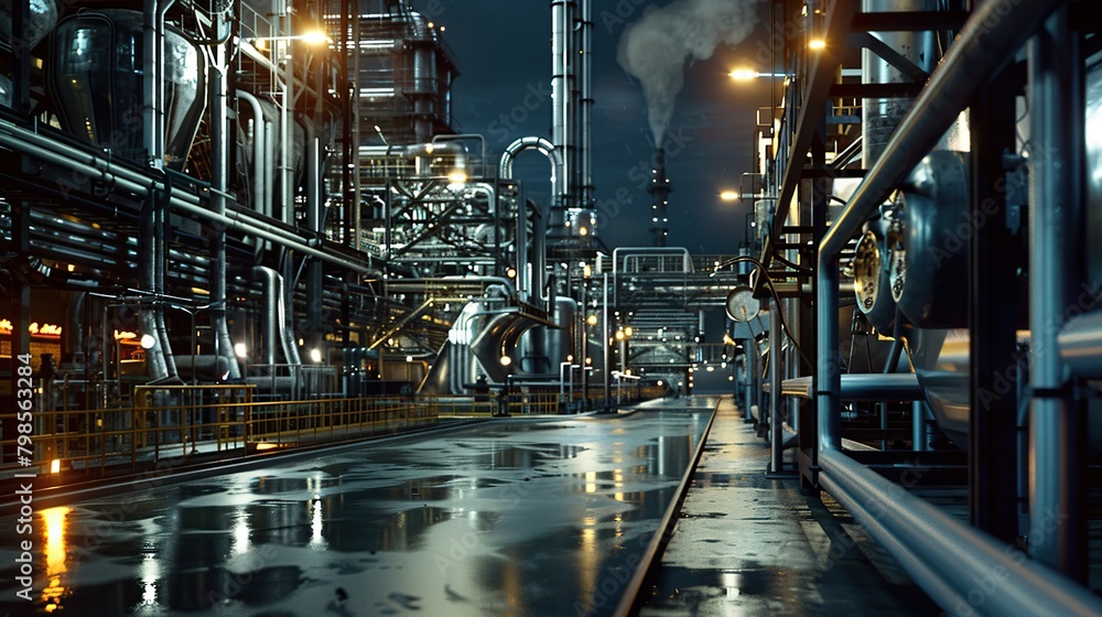 A chemical plant or an oil refinery in the night, with lights, pipes and installations. copy space for text.