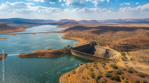Aerial view of a dam surrounded by arid landscape, showcasing the vital role of water management in sustaining life in dry regions. photo