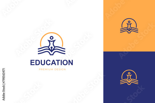 education and university logo icon design with people pen line graphic shape for Learning and study logo icon design