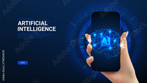 Futuristic banner with AI brain. Vector illustration with hand holding phone and showing futuristic glowing low polygonal brain. Ai technology, artificial mind, artificial Intelligence concept.