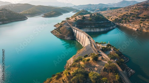 Aerial view of a sprawling reservoir behind a dam, its calm waters stretching out into the horizon, providing vital resources for the region.