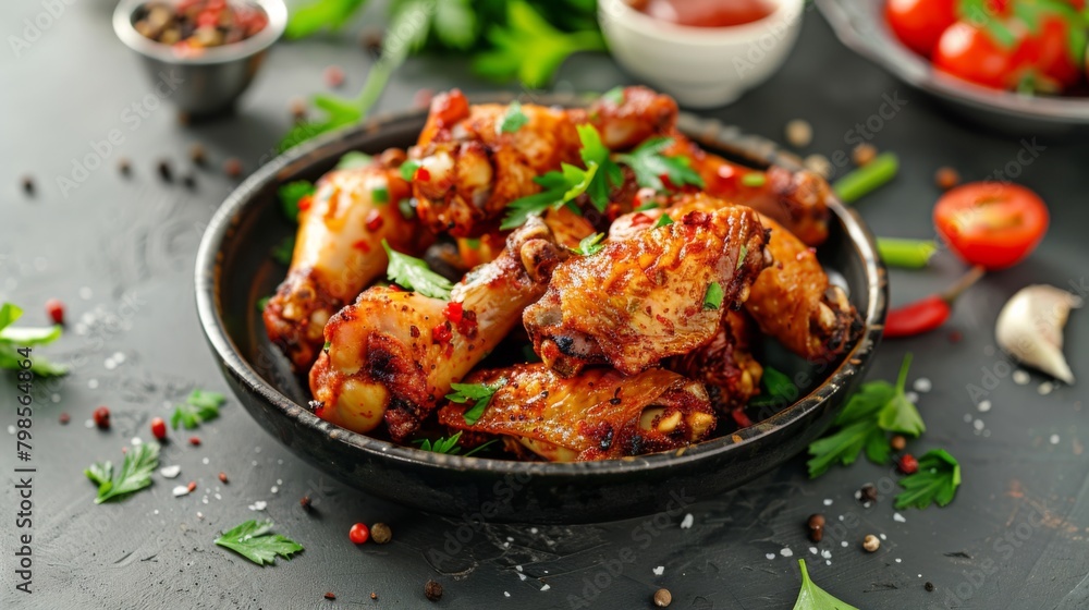 Air Fryer drummet chicken wing with garlic and pepper in a plate.Healthy oilless cooking menu. Air Fryer drummet chicken wing with garlic and pepper in a plate.Healthy oilless cooking menu.