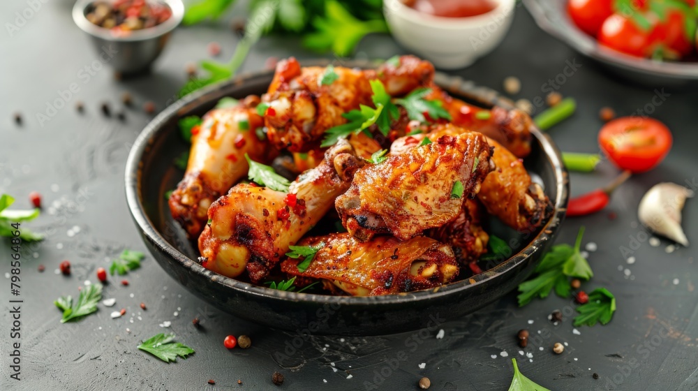 Air Fryer drummet chicken wing with garlic and pepper in a plate.Healthy oilless cooking menu.