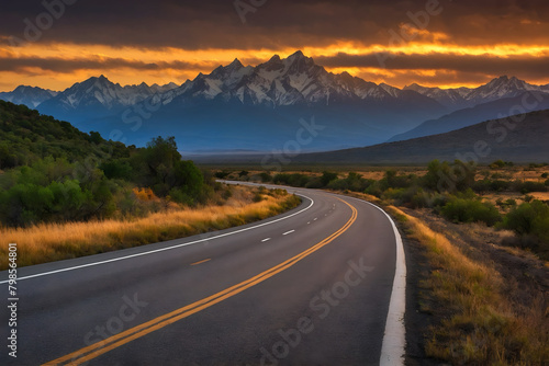 A highway towards mountains at sunset