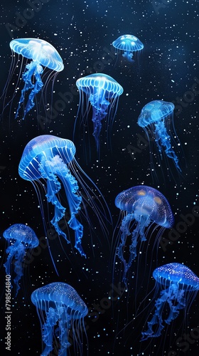 Explore the depths of creativity by depicting a school of bioluminescent jellyfish floating gracefully in a pitch-black ocean abyss, viewed sideways Traditional Art Medium