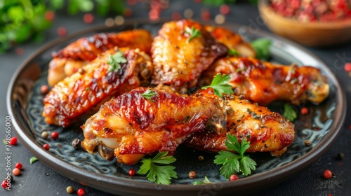 Air Fryer drummet chicken wing with garlic and pepper in a plate.Healthy oilless cooking menu.