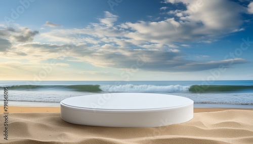 Seashore Stage: 3D Cylinder Podium Pedestal Featuring a Realistic Beach and Sky Scene