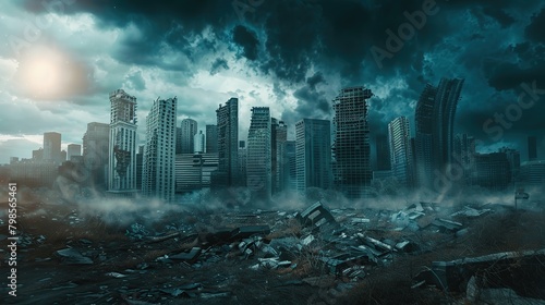 Abandoned broken big city with skyscrapers after a disaster - tornado, earthquake or war. The concept of the end of the world and destruction - apocalypse. copy space for text. photo