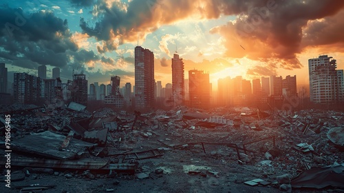 Abandoned broken big city with skyscrapers after a disaster - tornado, earthquake or war. The concept of the end of the world and destruction - apocalypse. copy space for text. photo