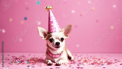 'Cute celebration chihuahua Birthday hat pink confetti adorable background. smiling concept party domestic dog portrait colourful indoor happy blur'
