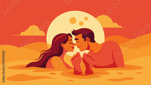 With their toes buried in the warm sand the couple leaned in close their faces illuminated by the fiery sun as they shared intimate secrets.. Vector illustration photo