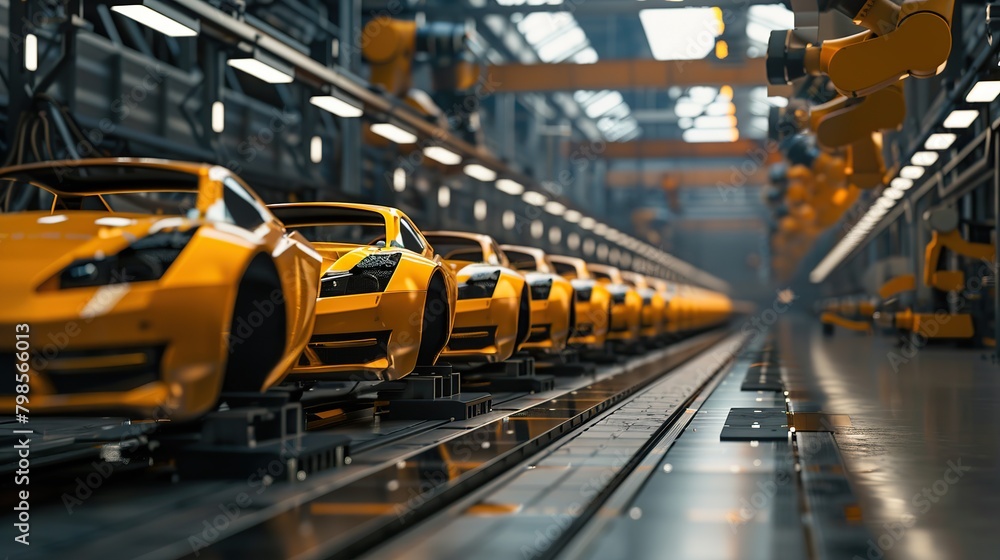 Autonomous robot factory produces vehicles cars bodies in a big hall on long production line. copy space for text. Autonomous robot factory produces vehicles cars bodies in a big hall on long production line. copy space for text.