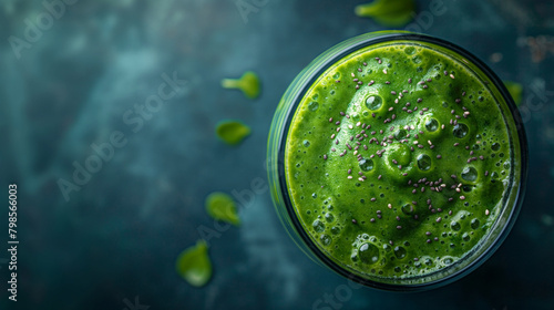 Green fresh smoothie blended in blender  top view. Healthy eating concept.