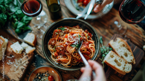 An overhead view of a rustic wooden table set with a traditional Italian meal  featuring a steaming bowl of al dente spaghetti tossed in rich tomato sauce 