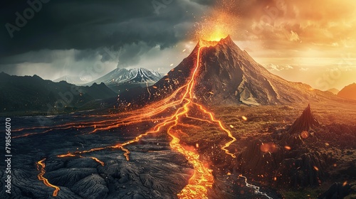 An image of a volcano, with its eruption path marked by a dotted line, symbolizing its unpredictable nature photo