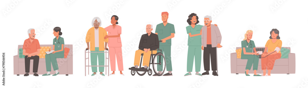 © tynyuk - Care for the elderly. Nurses help and care for the health of older men and women in a nursing home or hospital. Vector illustration © tynyuk - Care for the elderly. Nurses help and care for the health of older men and women in a nursing home or hospital. Vector illustration