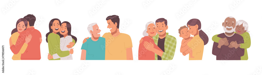 Love. People hug and are happy. Embrace of young and old couples, friends, parents and children. Vector illustration Love. People hug and are happy. Embrace of young and old couples, friends, parents and children. Vector illustration