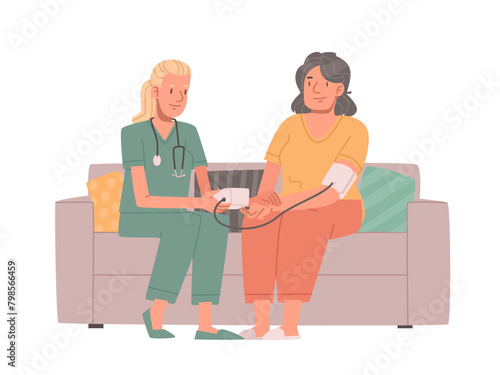A nurse measures the blood pressure of an elderly woman against a white background. Vector illustration
