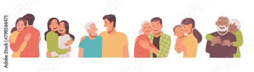 Love. People hug and are happy. Embrace of young and old couples, friends, parents and children. Vector illustration