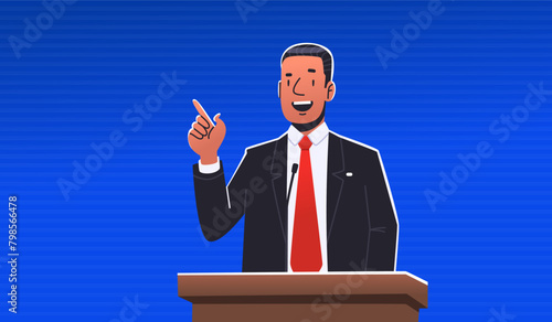 Speech by a politician, president or public figure behind the podium. Vector illustration