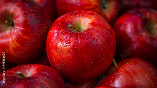 Crisp Red Apples: cluster of vibrant red apples, glistening under natural light. Each apple is perfectly formed, showcasing its smooth skin and enticing color.