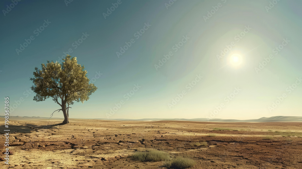 desert, flat land, scortching hot sun, no clouds, in the far distance a tree growing, calm mood, photorealistic