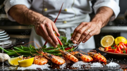 Chef preparing sea food, praying mantis shrimp with lemon and hot pepper and green beans, East Asian cuisine, dilikates, vegetarian