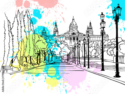 Nice view of old city. Barcelona, Spain. Hand drawn sketch style. Line Art. Urban landscape. Vector illustration. Colorful blobs background. Vintage postcards style