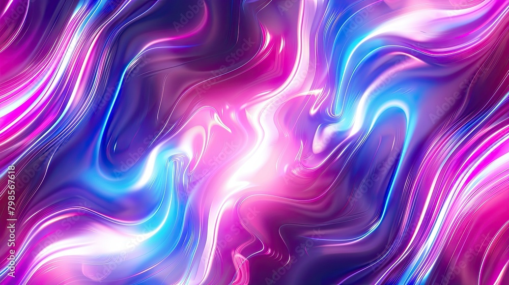 Abstract holographic background with shining curves of neon pink and electric blue