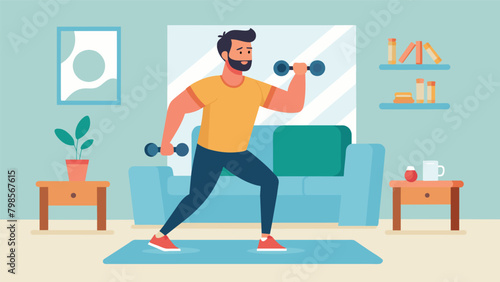 A man uses a set of hand weights while following a highintensity interval training HIIT workout in his living room..