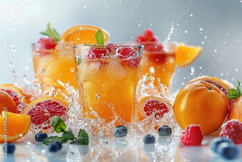 glasses for fruit juices with splash  fresh fruits on white background