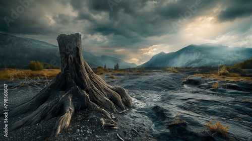 Arid plain landscape with mountains at the horizon and a stump under the stormy sky photo